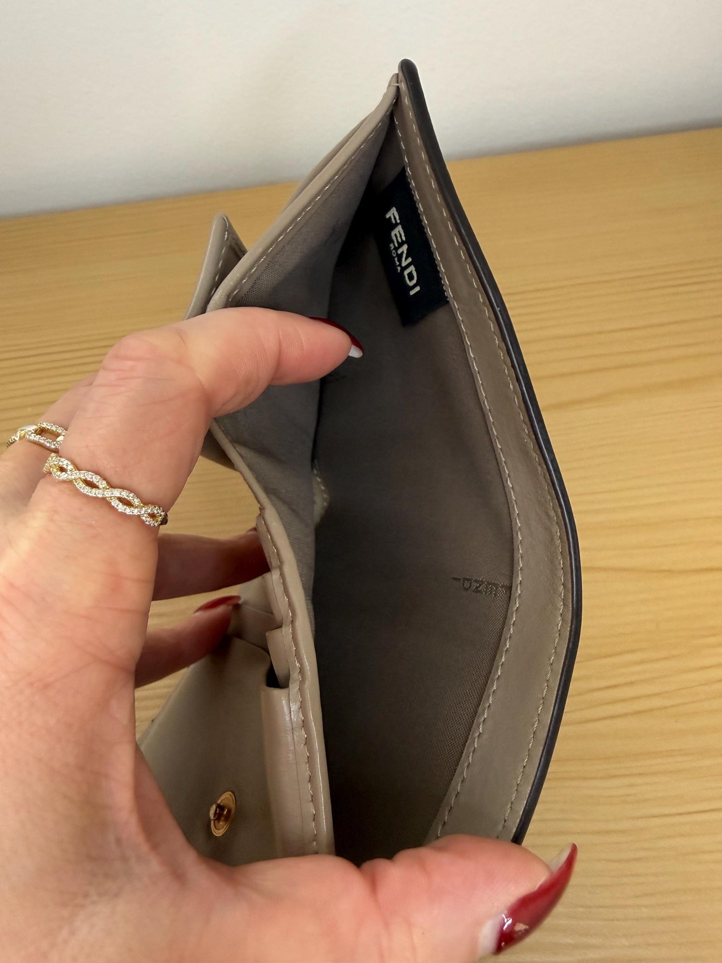 Fendi F Taupe Compact Bifold Leather Wallet
