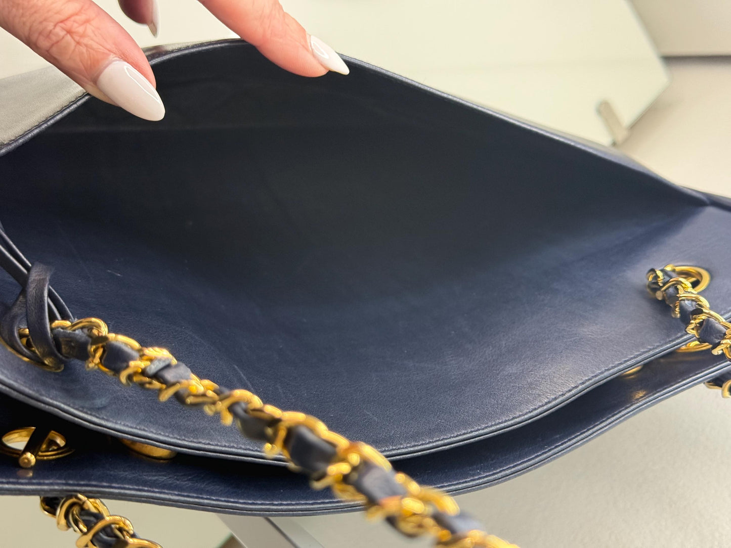 Chanel Vintage Navy Blue Lambskin Quilted Gold Chain Tote Bag