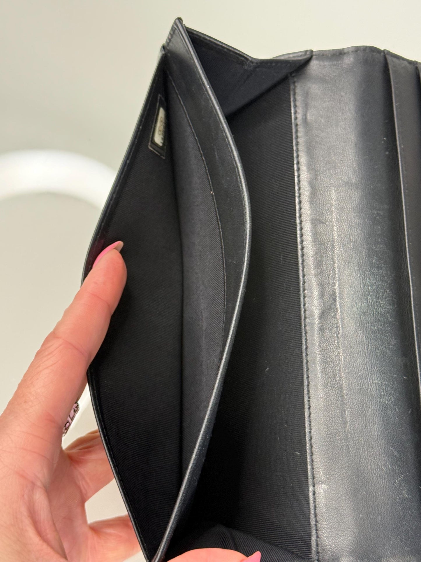 Chanel Black Patent Leather Quilted Flap Wallet