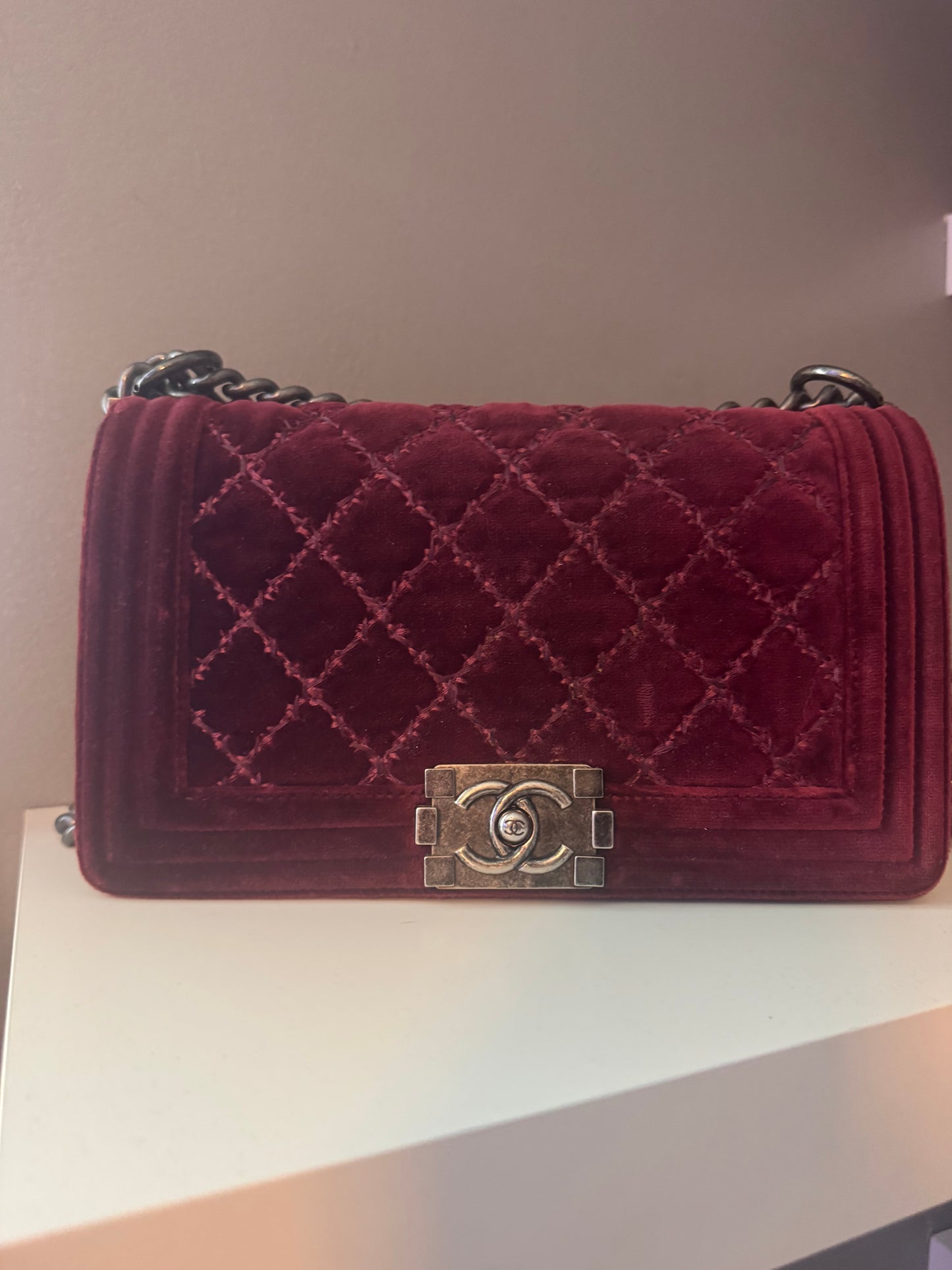 Chanel Velvet Tweed Quilted Medium Boy Flap Burgundy