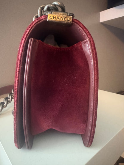 Chanel Velvet Tweed Quilted Medium Boy Flap Burgundy
