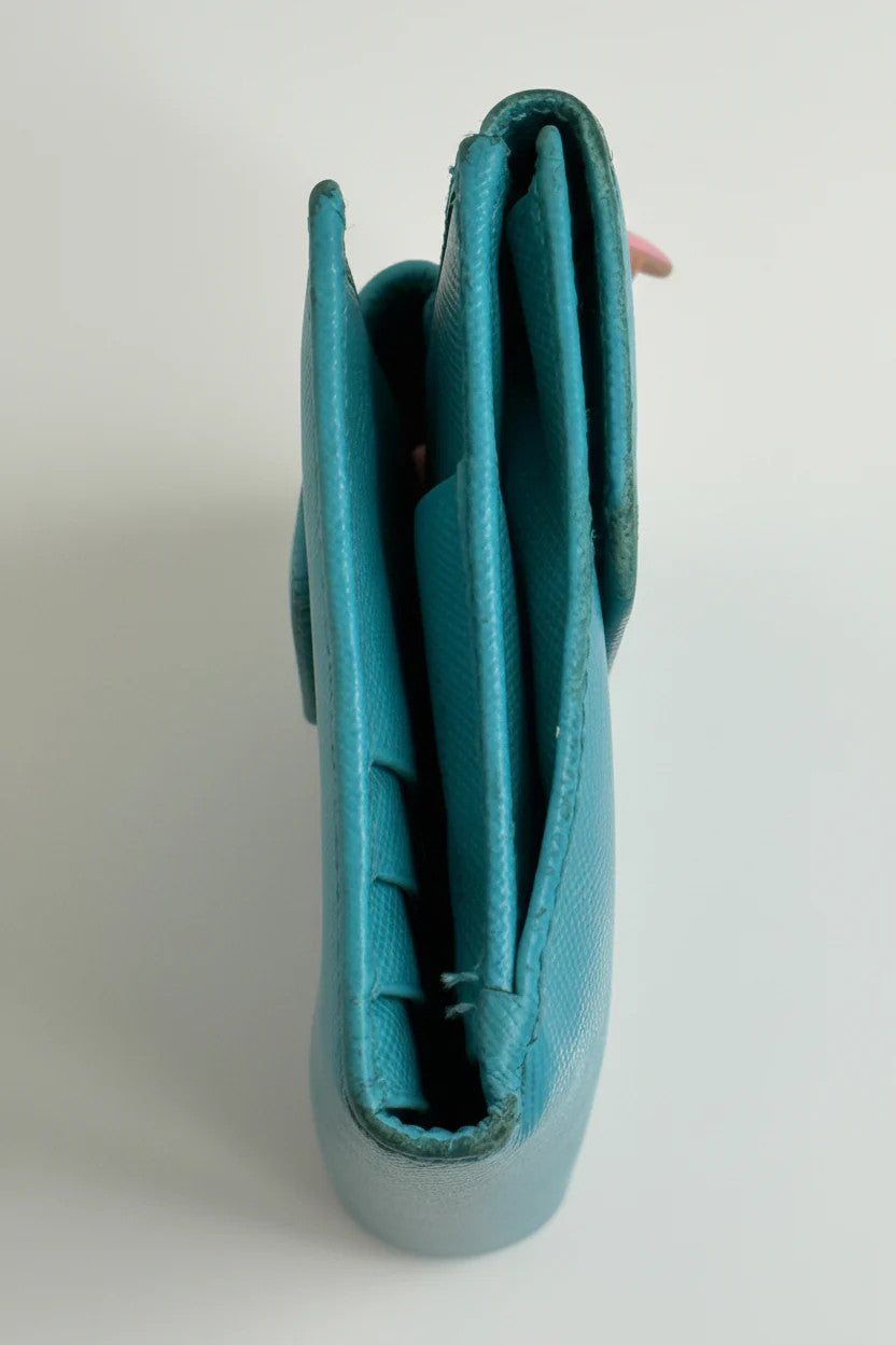 Prada Aqua Blue Saffiano Leather Flap Card Holder