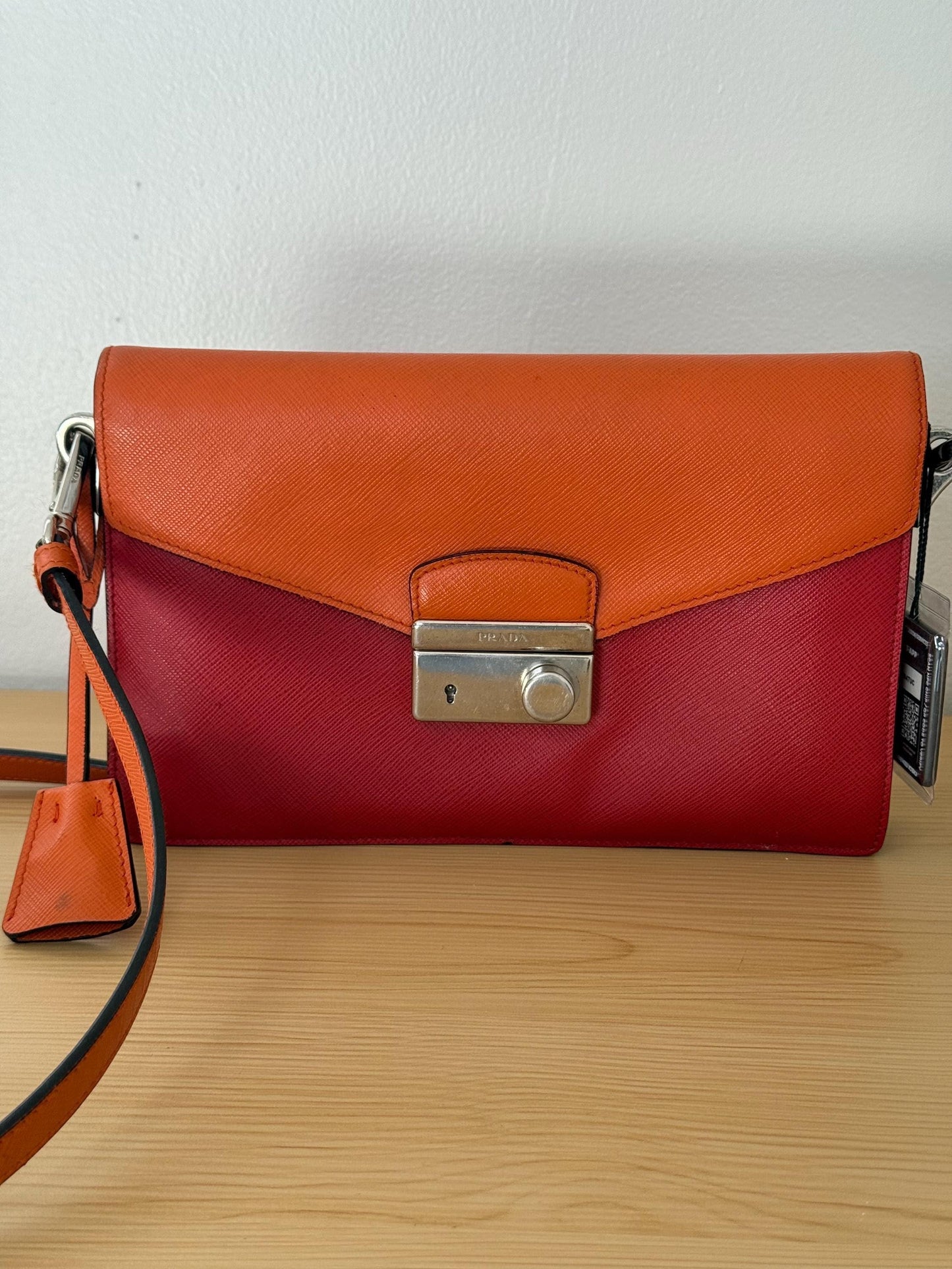 Prada Saffiano Leather Flap Bi Color Bag Red/Orange