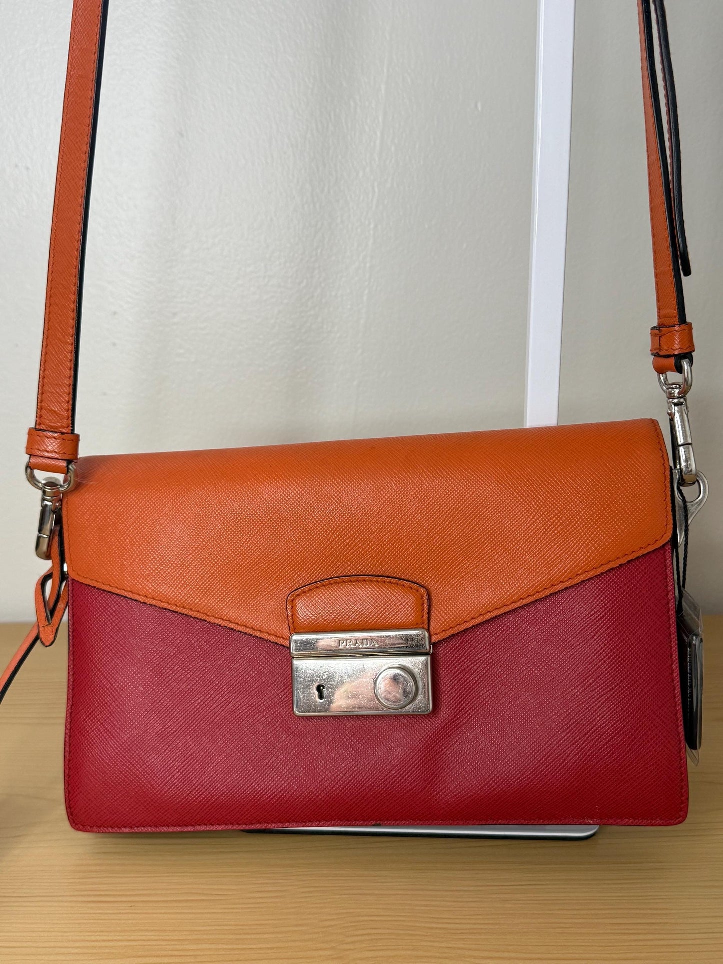 Prada Saffiano Leather Flap Bi Color Bag Red/Orange