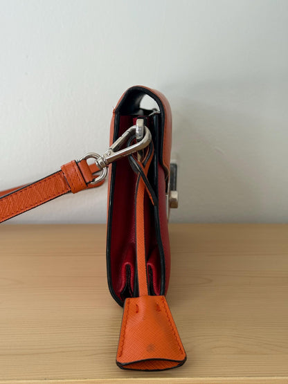 Prada Saffiano Leather Flap Bi Color Bag Red/Orange