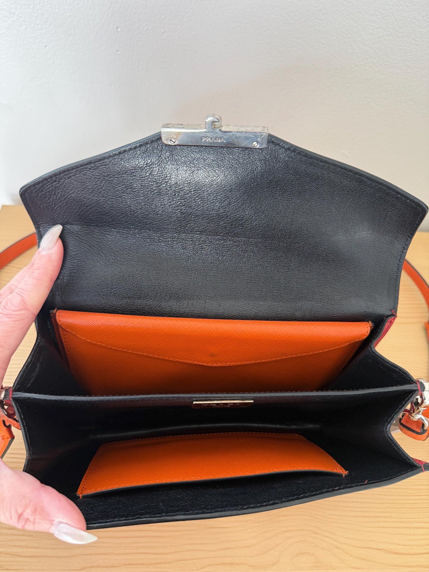 Prada Saffiano Leather Flap Bi Color Bag Red/Orange