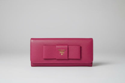 Prada Saffiano Leather Continental Pink Peonia Bow Wallet