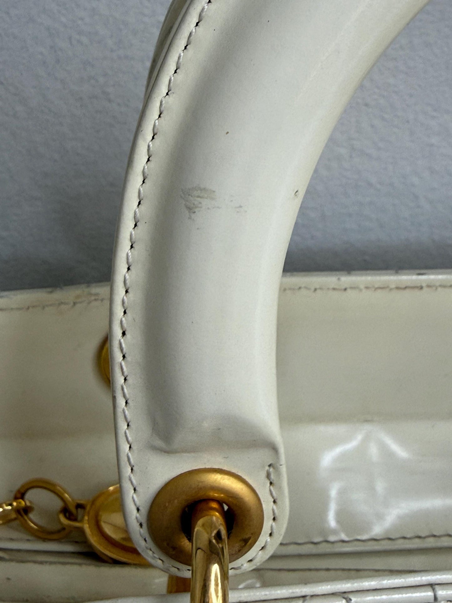 Christian Dior Vintage Lady Dior Large Cream Patent Leather Handbag