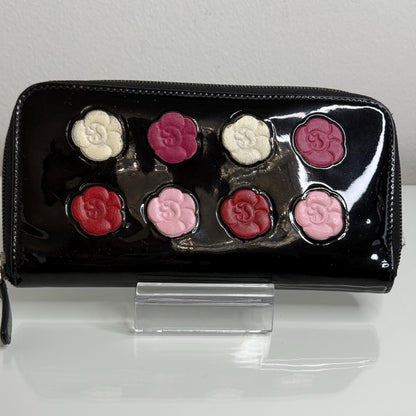 Chanel Black Patent Zipper Long Wallet with flowers