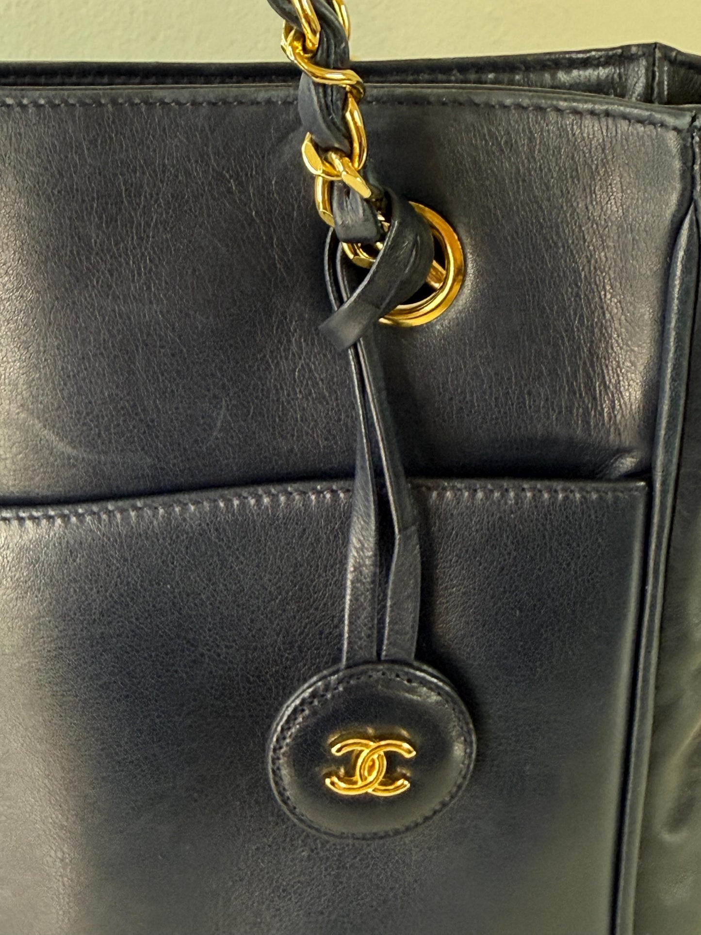 Chanel Vintage Navy Blue Lambskin Quilted Gold Chain Tote Bag