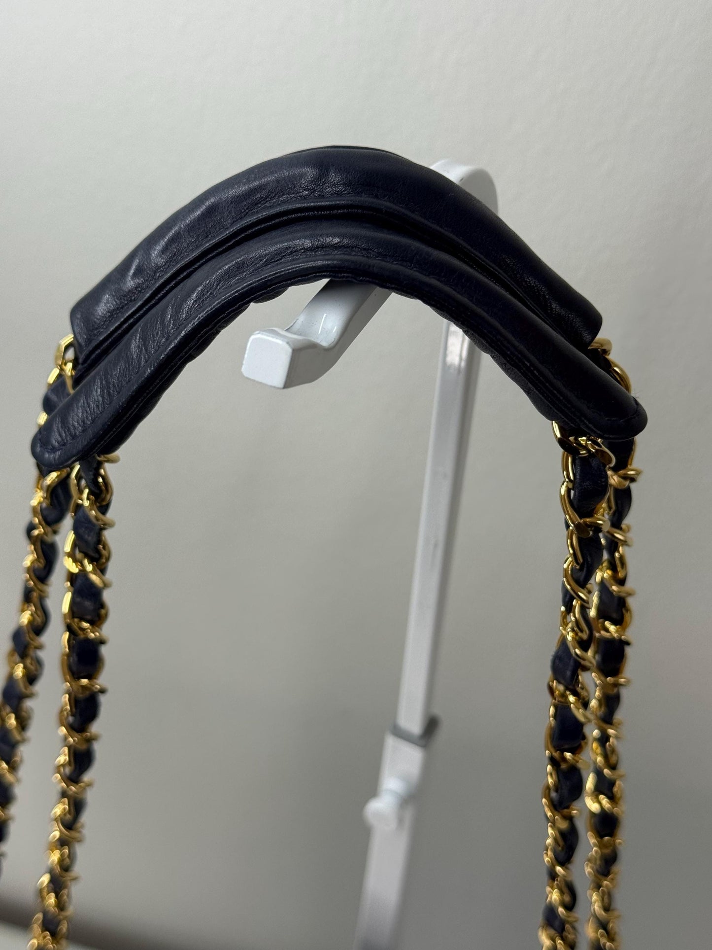 Chanel Vintage Navy Blue Lambskin Quilted Gold Chain Tote Bag