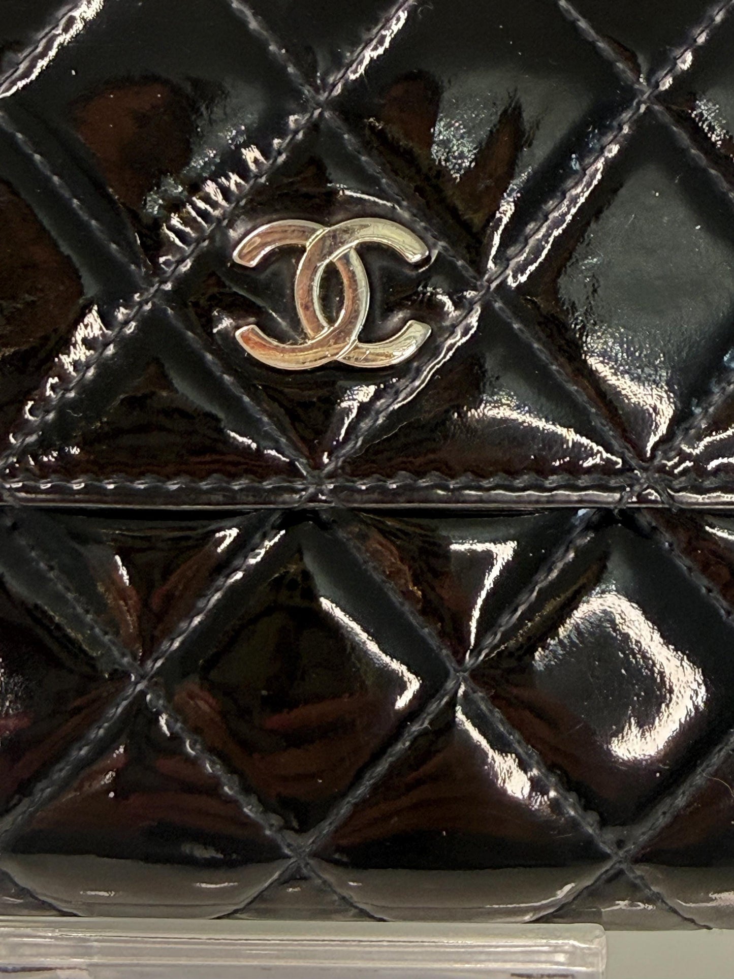 Chanel Black Patent Leather Quilted Flap Wallet