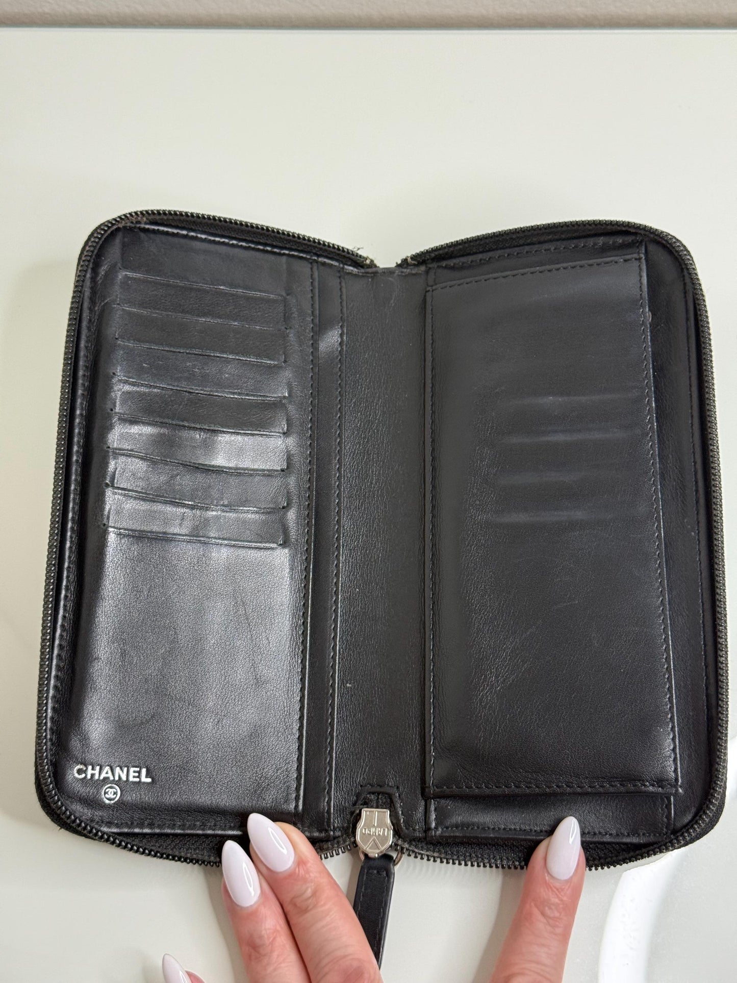 Chanel Black Patent Zipper Long Wallet with flowers
