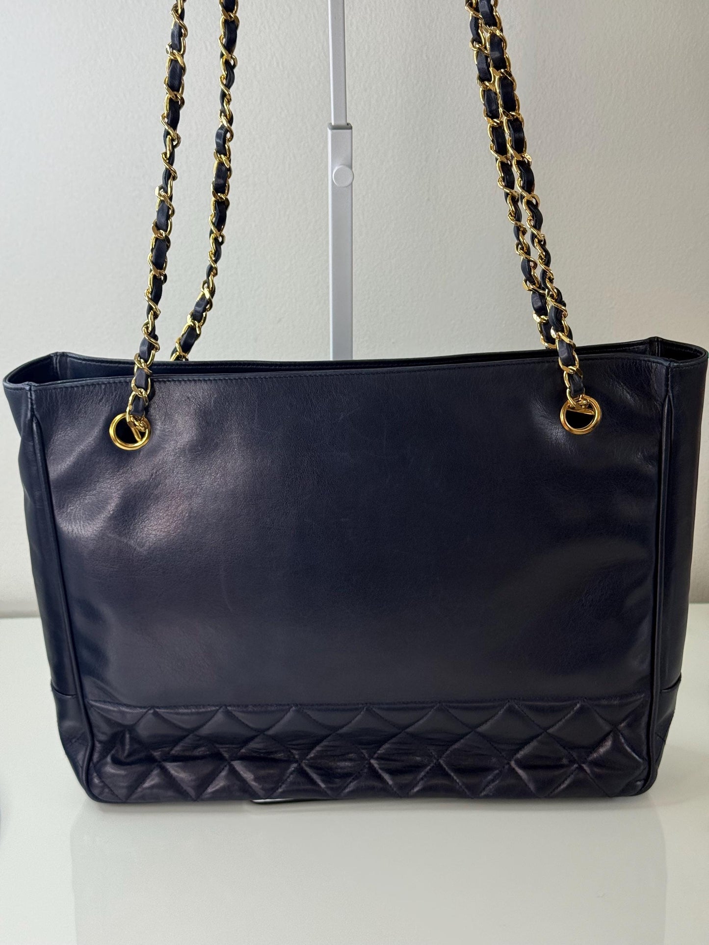 Chanel Vintage Navy Blue Lambskin Quilted Gold Chain Tote Bag