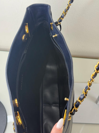 Chanel Vintage Navy Blue Lambskin Quilted Gold Chain Tote Bag