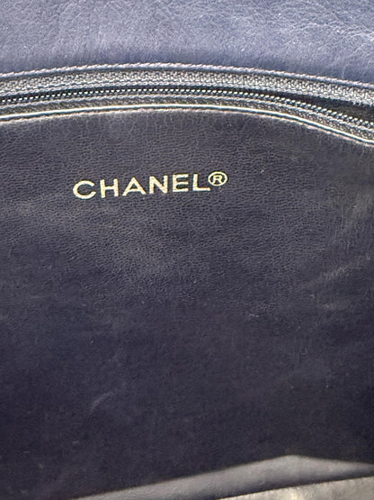 Chanel Vintage Navy Blue Lambskin Quilted Gold Chain Tote Bag